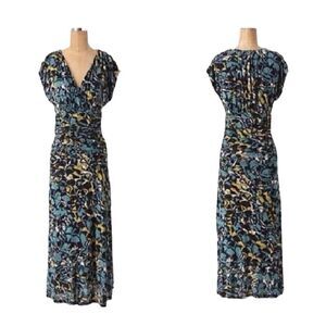 Mouliniette Souers Blue and Green Print Ruched Maxi Dress|  M